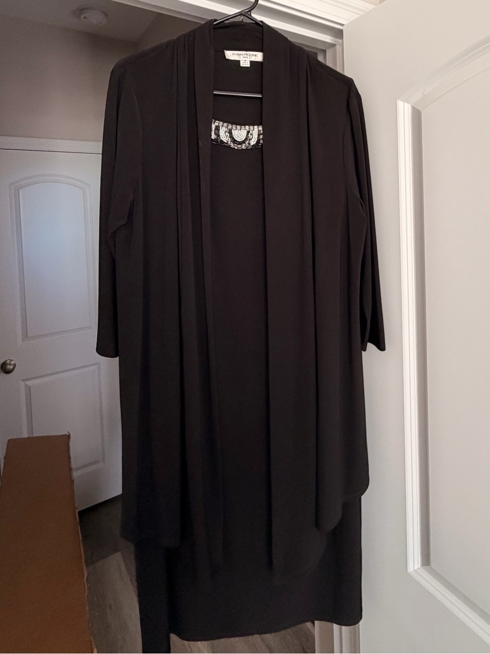 Evan-Picone Black Open-Front Long Cardigan Dress Mid Length